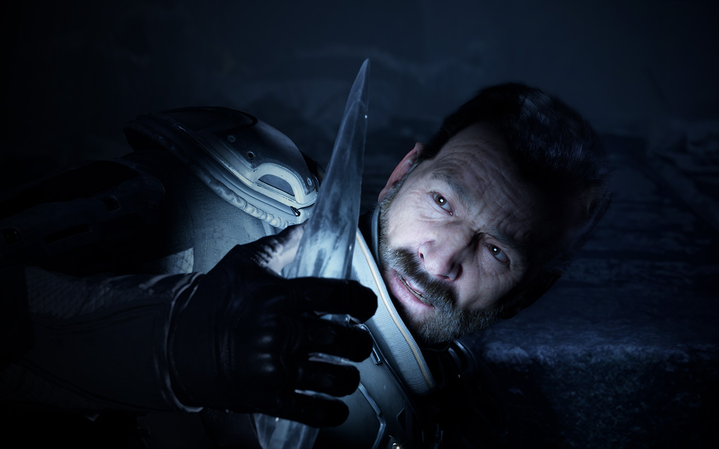 Image of our tech test demo featuring a man with a crystal that emit lights in its hand.