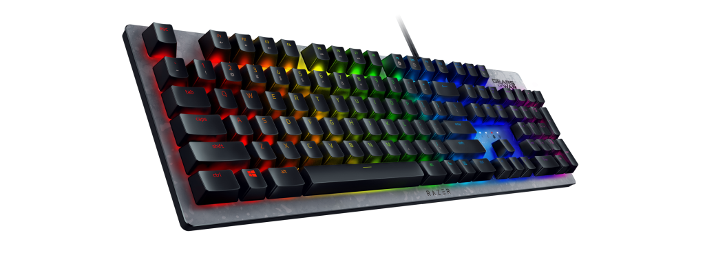 A special edition Gears 5 Razer Chroma keyboard is shown lighting up