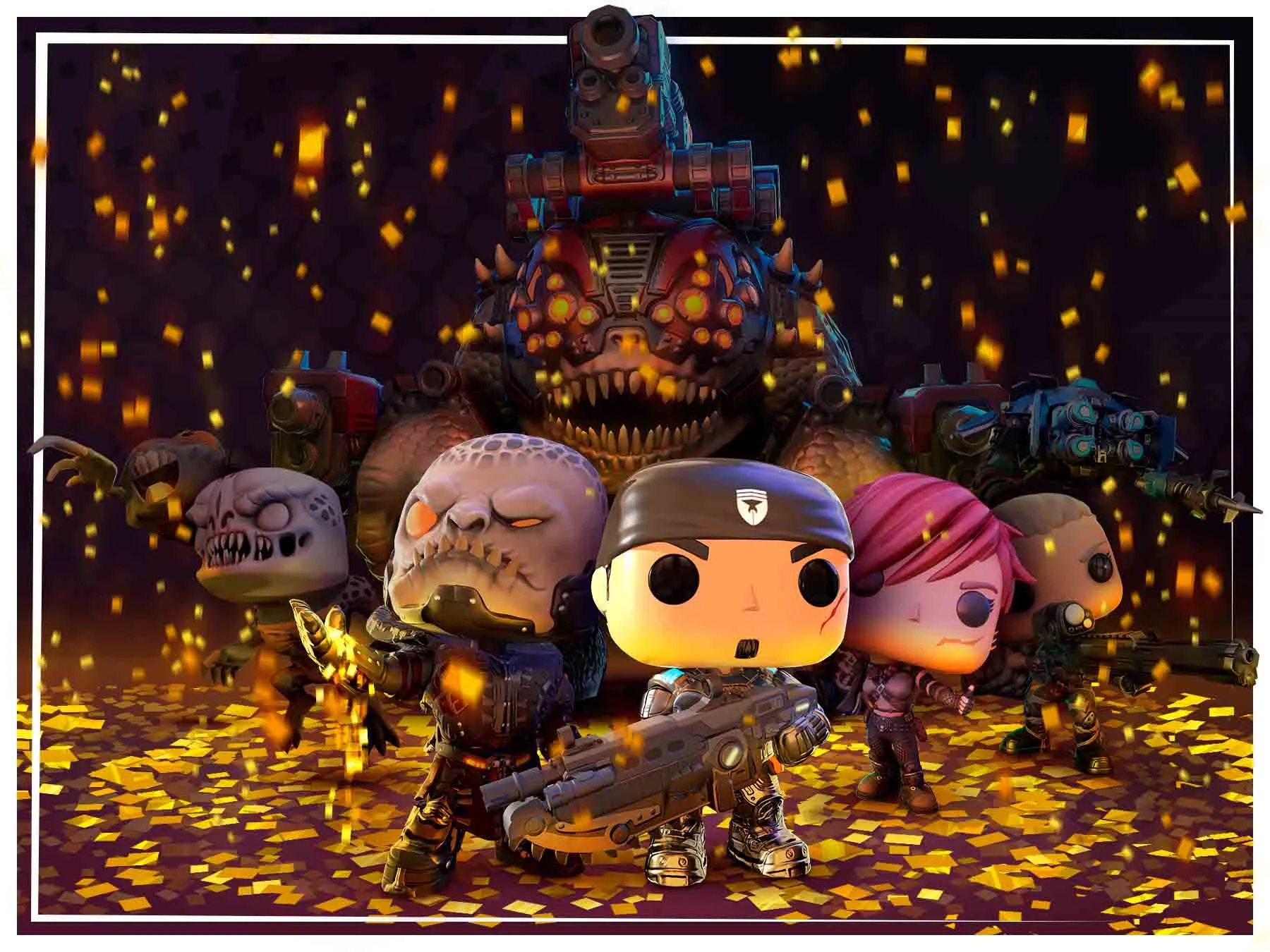 Marcus, kait and other funko pops in a lineup with a brunak in the background