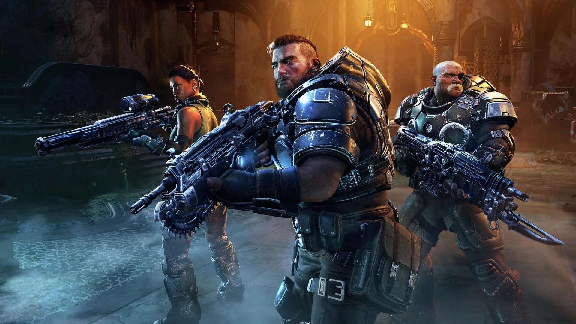 Gears Tactics squad standing with rifles ready