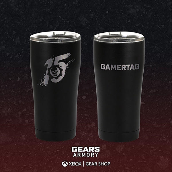 A black tumbler featuring the 15th anniversary logo with the option to customize it with a person's gamertag