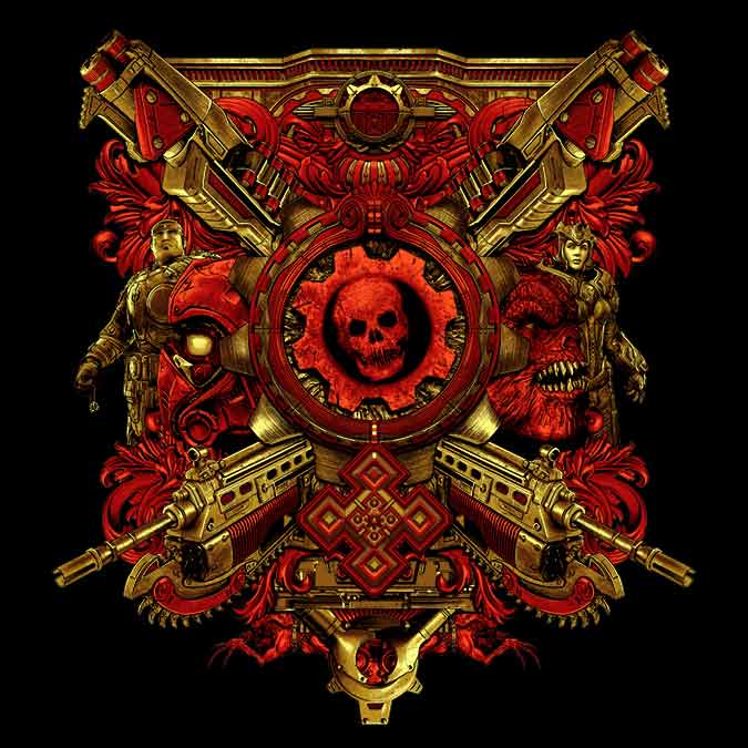 Anthony Petrie design to celebrate Gears 15 anniversary showing gold and red weapons with the omen in the middle.