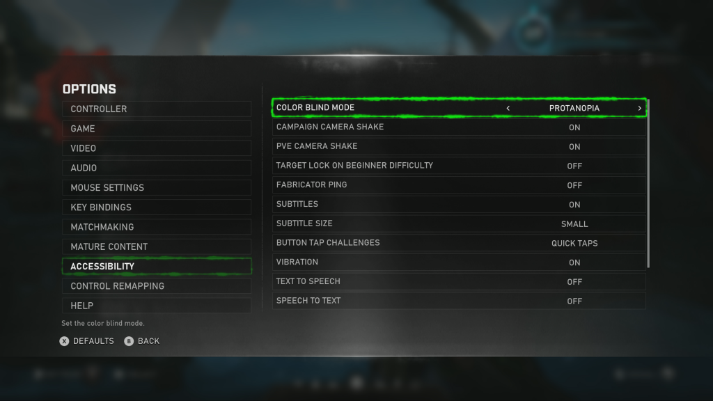 Accessibility Options: Menu displaying the list of Accessibility options