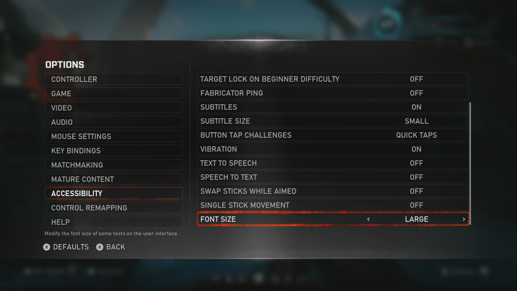 Accessibility: Options Menu with Font Size selection highlighted