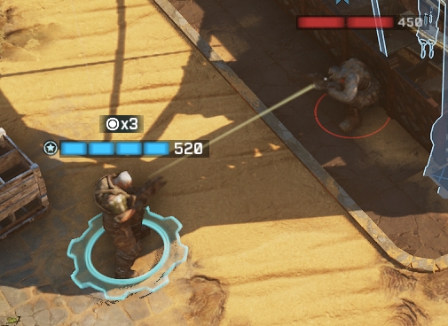 a player-controlled character and its clear line of sight of an enemy on the battlefield.