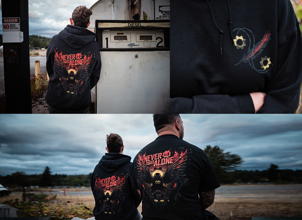 Collage of images featuring the never fight alone merch