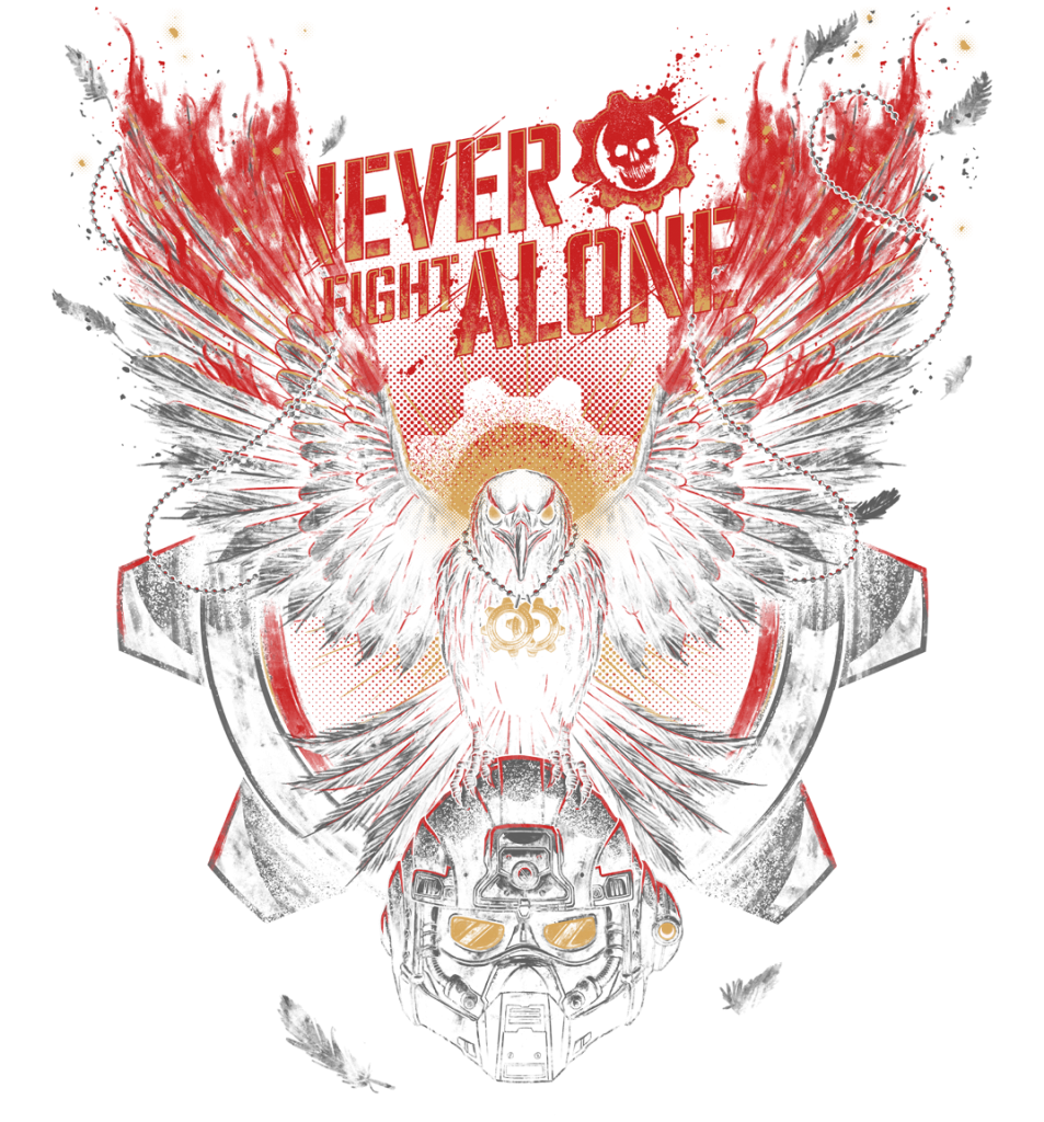 Never fight alone logo wiht a black bird spreading its wings, COG tags around it's neck and a carmine helmet below