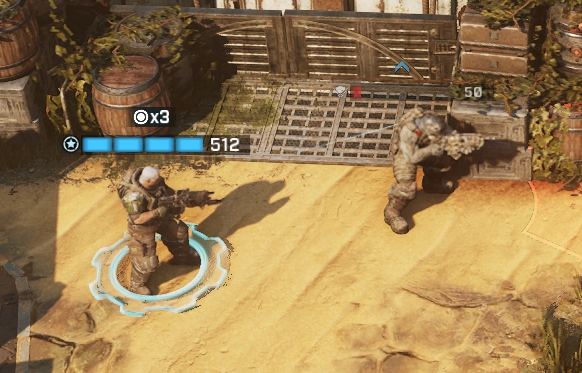 A player-controlled character flanking a locust enemy from behind
