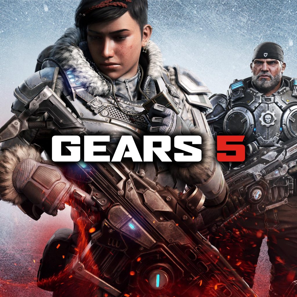 The Gears 5 key art featuring Kait in deep thought with Marcus looking at her from behind.
