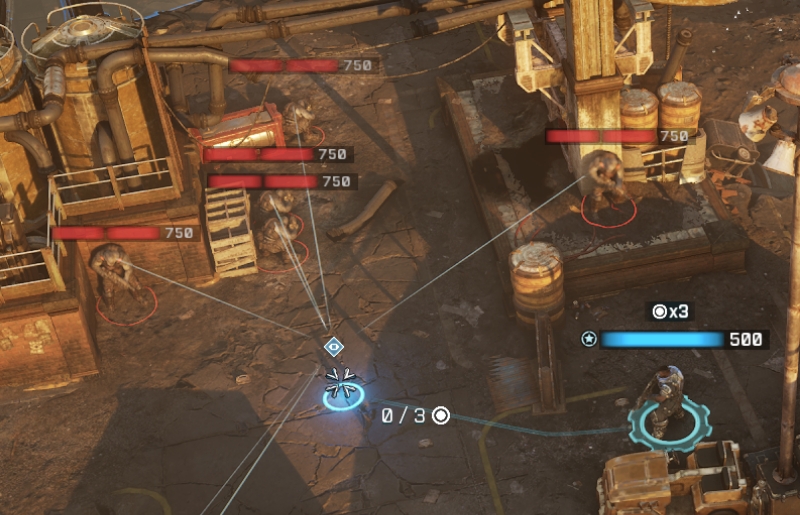 The line of sight of five enemy characters and the possible path a player controlled character can walk. if they go into that area, all five enemies can attack it