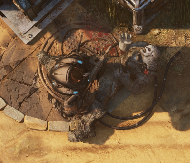A player character about to initiate the execution action on a downed locust enemy