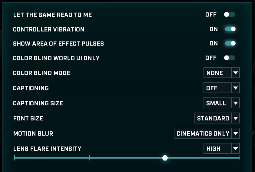 The first page of the Gears Tactics Accessibility menu displaying the list of Accessibility options