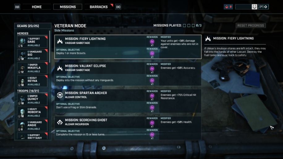 The Veteran Mode Mission screen displaying the various side-quests available to the player
