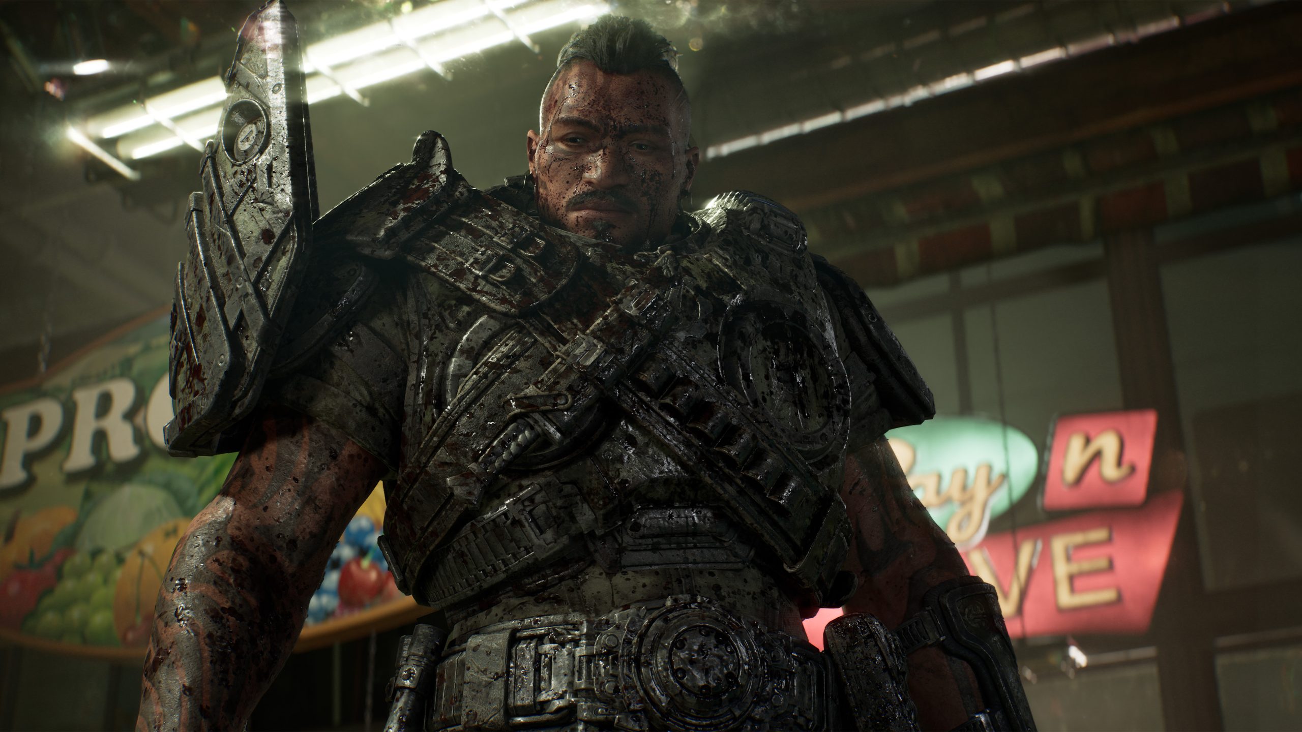 Bloodied covered Tai looking dramatically down at camera