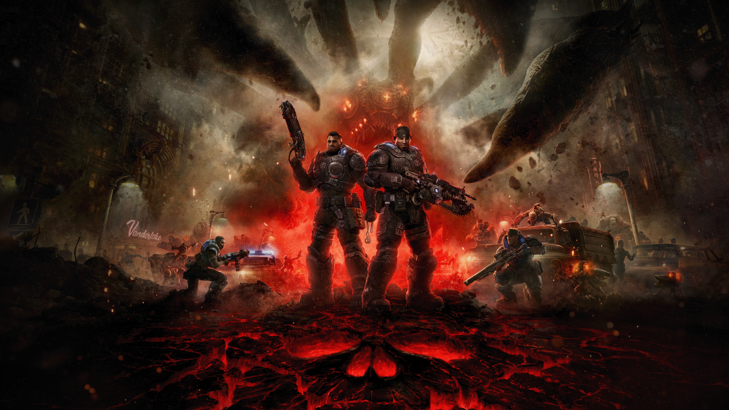 Gears of War: E-Day Keyart. Marcus and Dom stan in the middle of destruction with danger lurking behind them