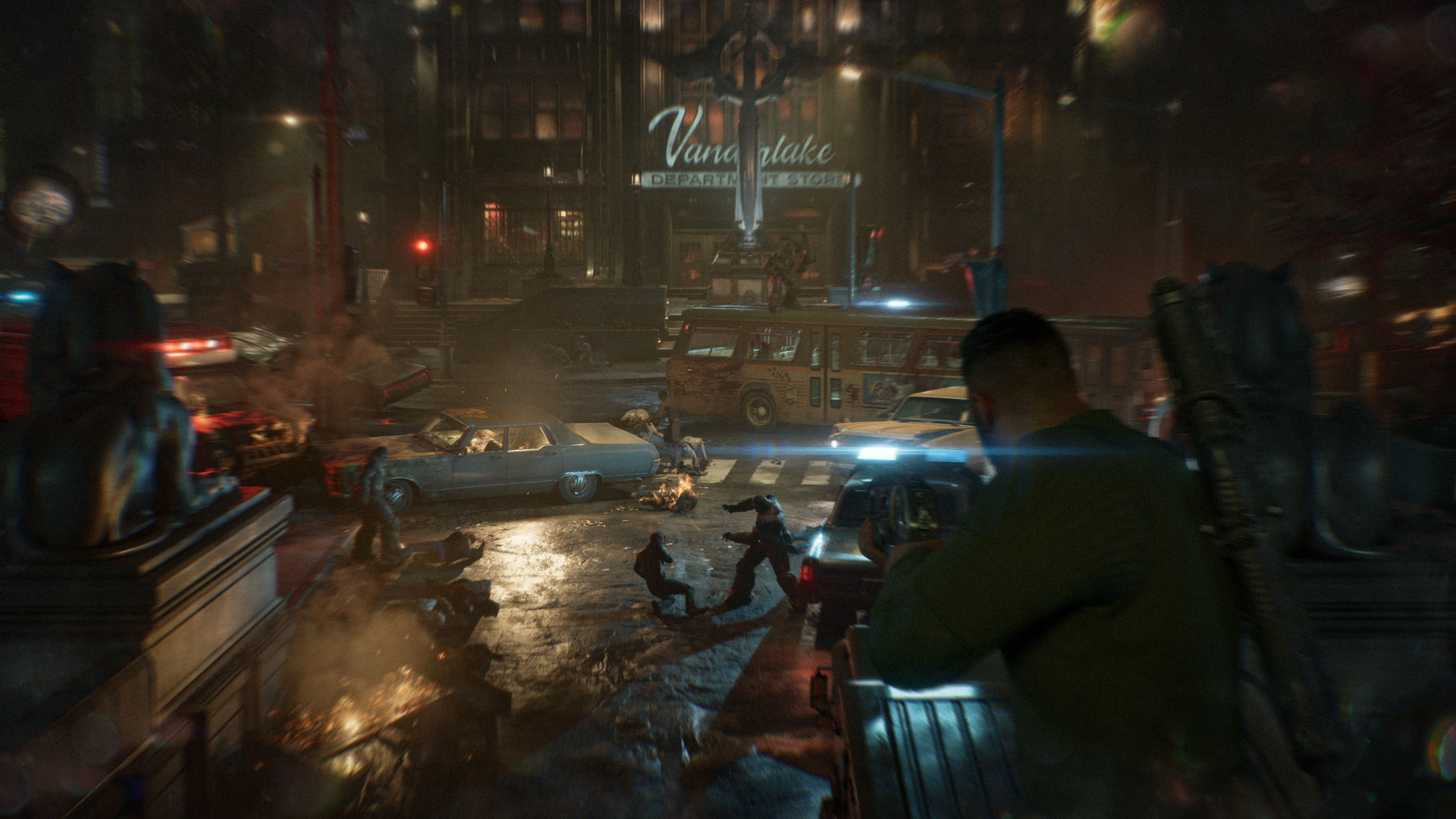 Dom looking over a dramatic city square scene of invading Locusts
