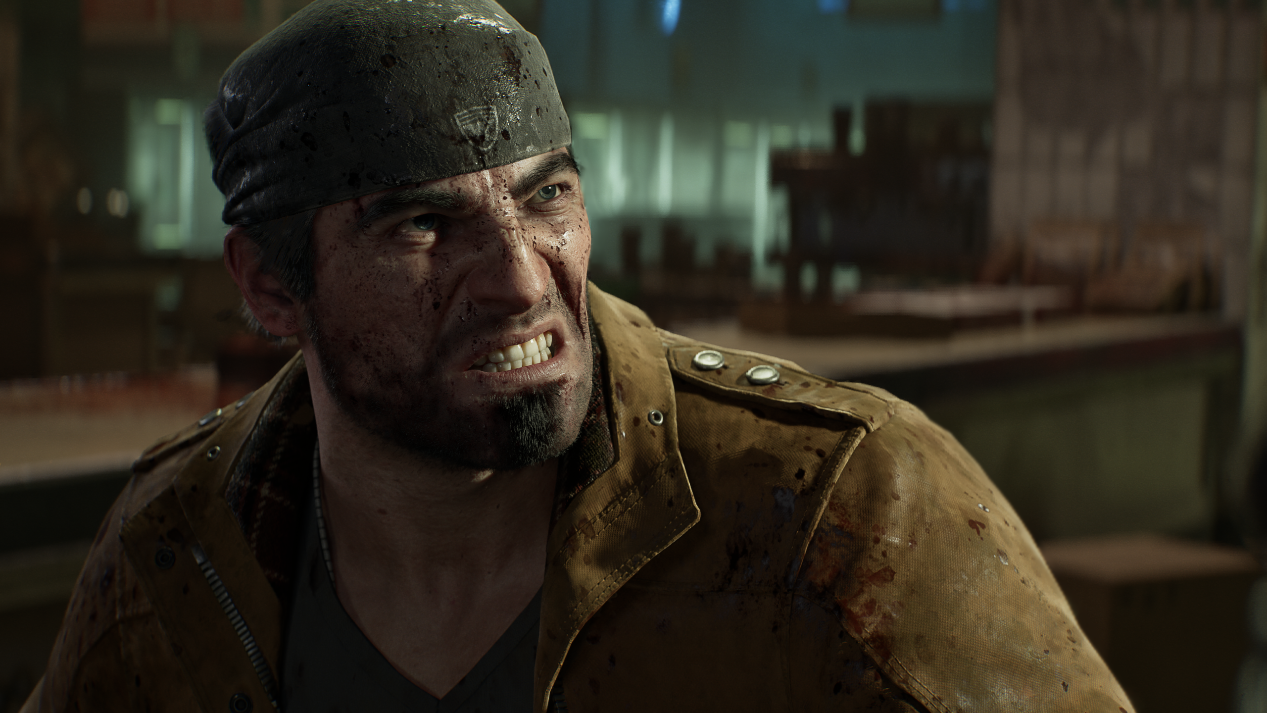 dramatic close-up of Marcus during battle