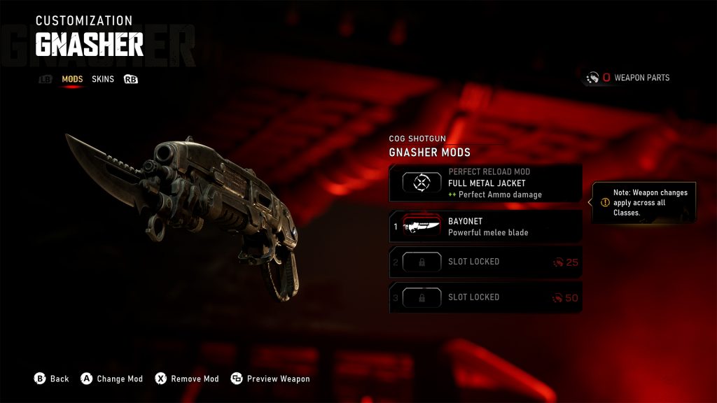 Weapon mod customization screen with Gnasher featuring Perfect Reload Mod