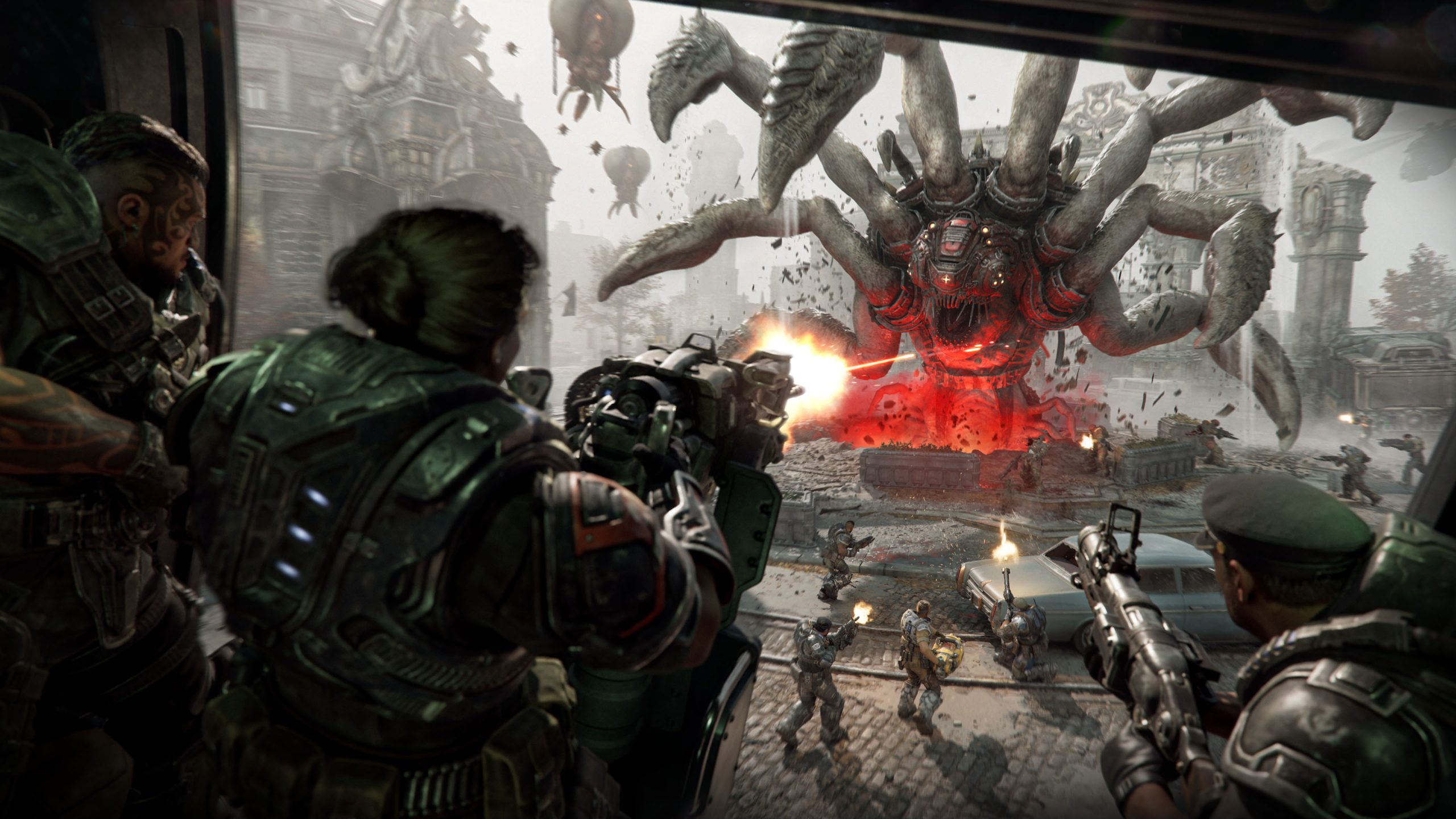 Cog Army fighting against a giant corpser bursting from the ground