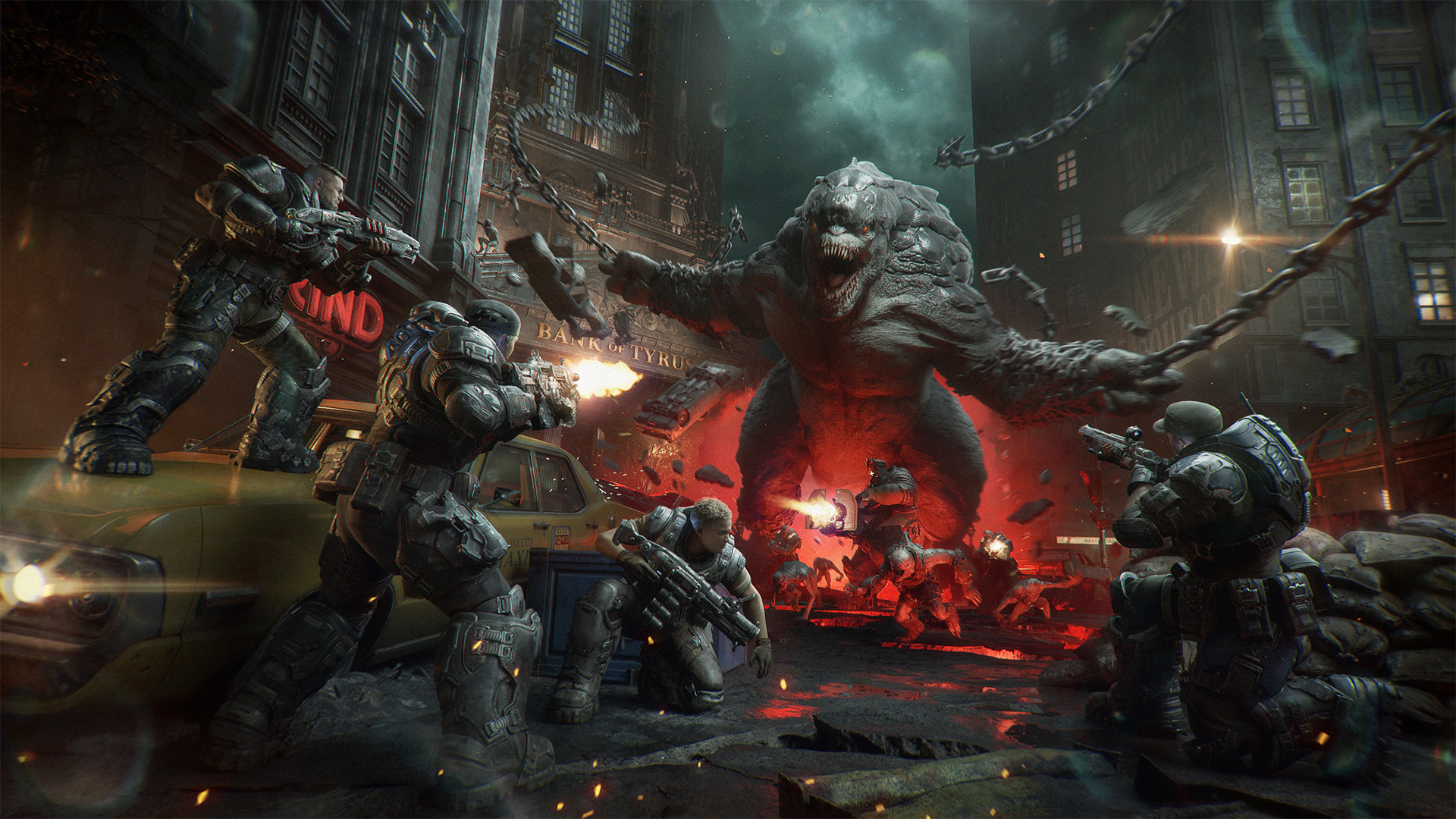 Cog army fighting against giant Brumac swinging chains as it bursts through the ground