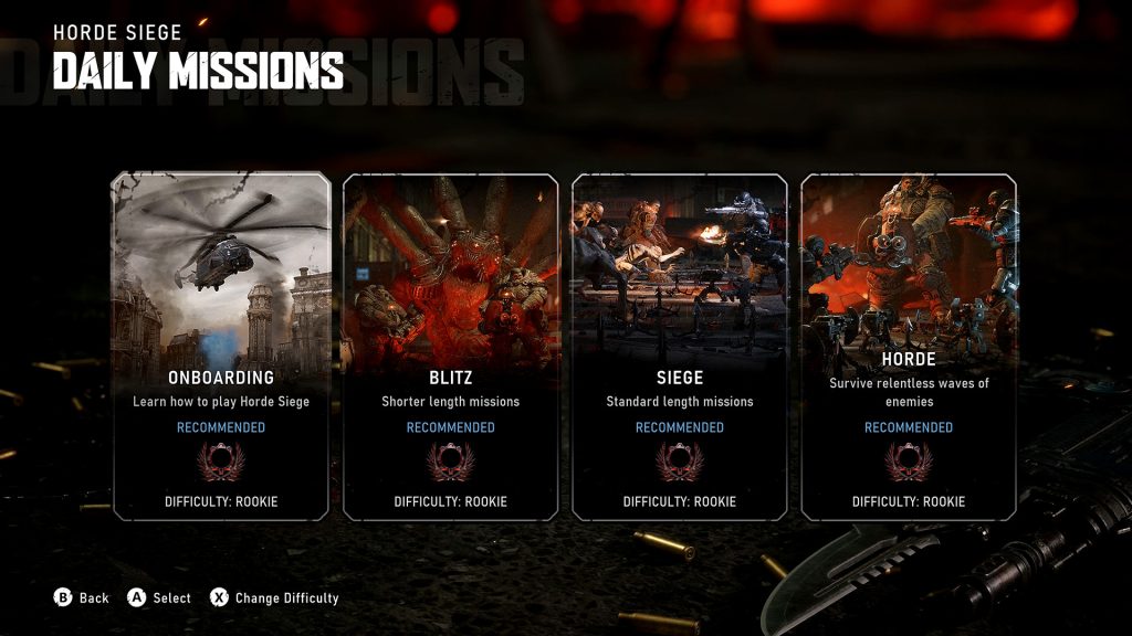 Horde Siege Daily Missions screens with challenges like Onboarding, Blitz, Siege, and Horde