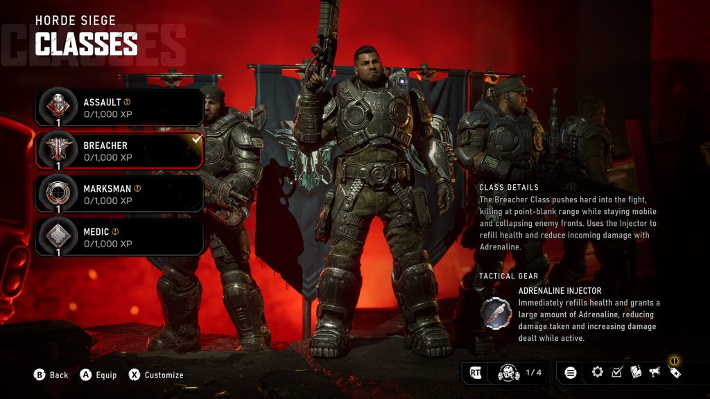 Horde Siege Classes menu featuring Dominic Santiago as the Breacher for his team