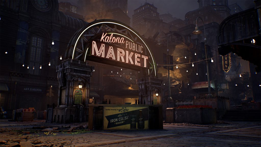 Lower view of Kalona Public Market at night in Versus