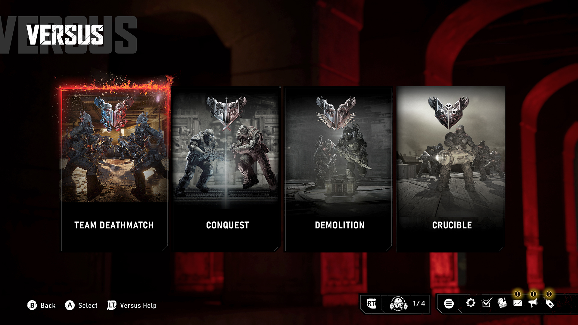 Versus mode select screen showing Team Deathmatch, Conquest, Demolition and Crucible