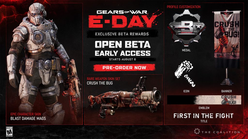 Gears of War Exclusive BETA rewards includes perks like Epic Character skin Blast Damage Mags, Crush the Bug rare weapon skin set, and more