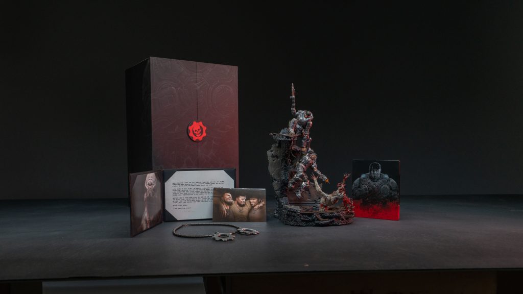 Gears of War E-day collectors items featuring the box set, figurines, cog tags, and more