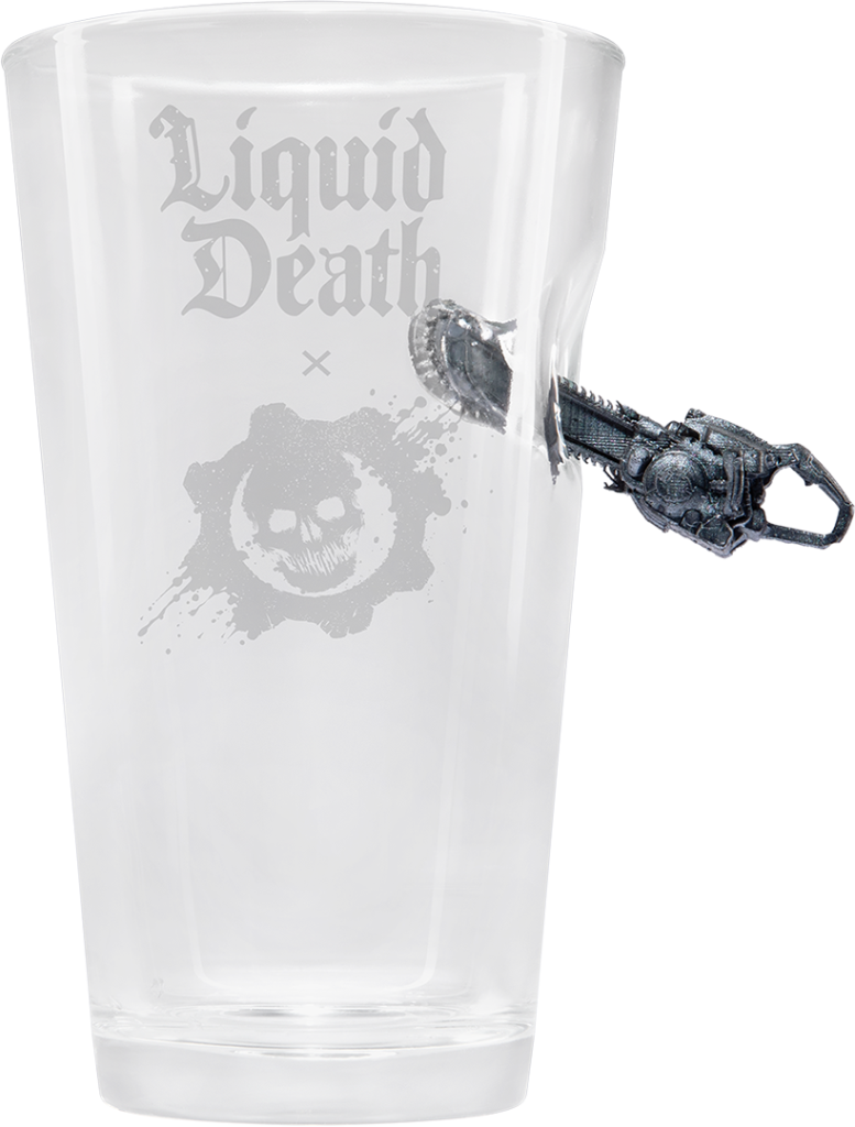 Liquid Death and Gears of War Pint glass collaboration