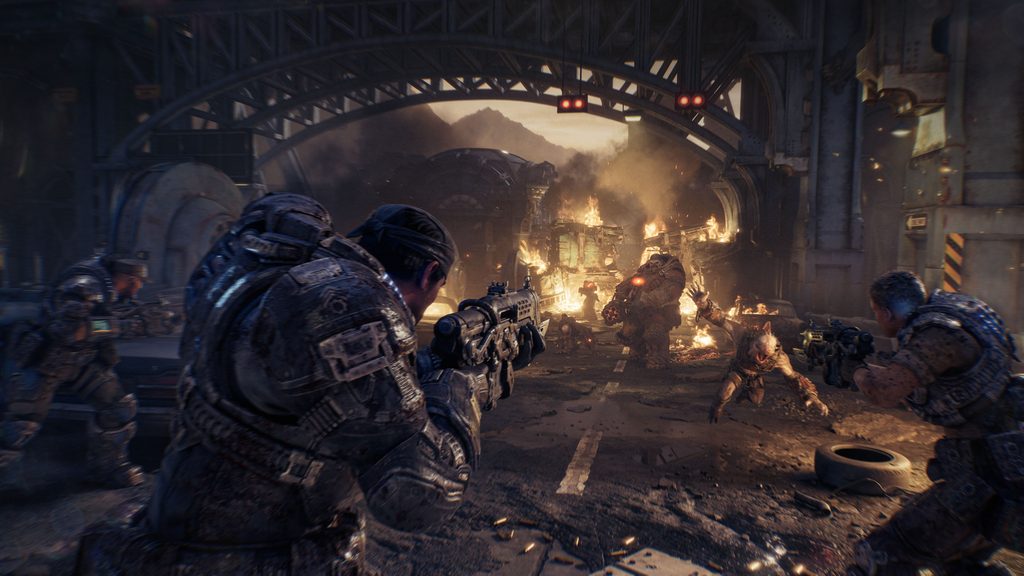 Marcus and the squad facing off against the locust in the rubble of the city