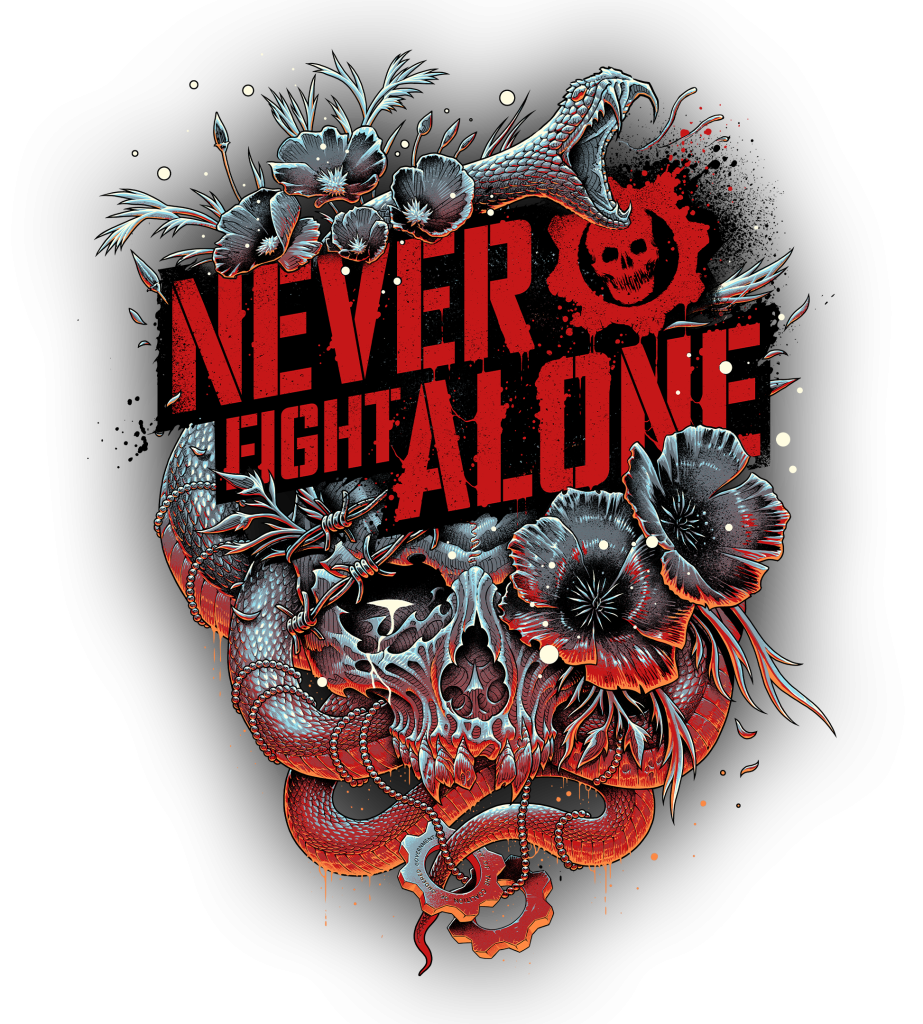 Never Fight Alone Logo with a viper wrapped around it, surrounded by flowers on top of a skull. Cog tags draped underneath